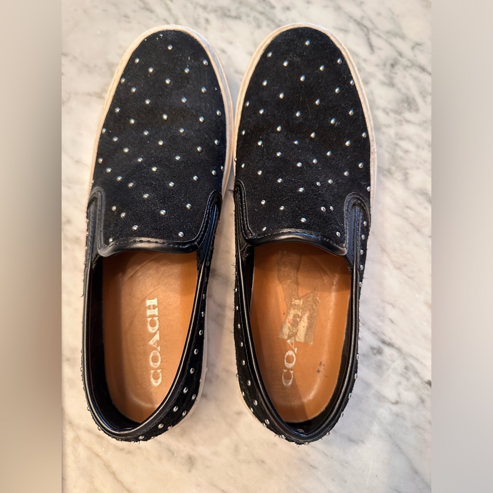 Coach black suede slip on shoes with silver dots